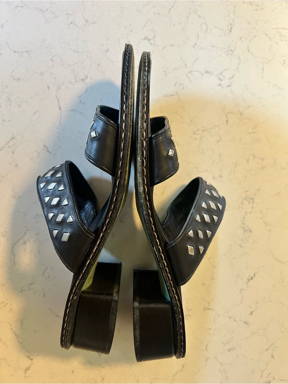 Donald J. Pliner Black Italian Leather Studded Double Strap Low Heel Sandals - Picture 9 of 16